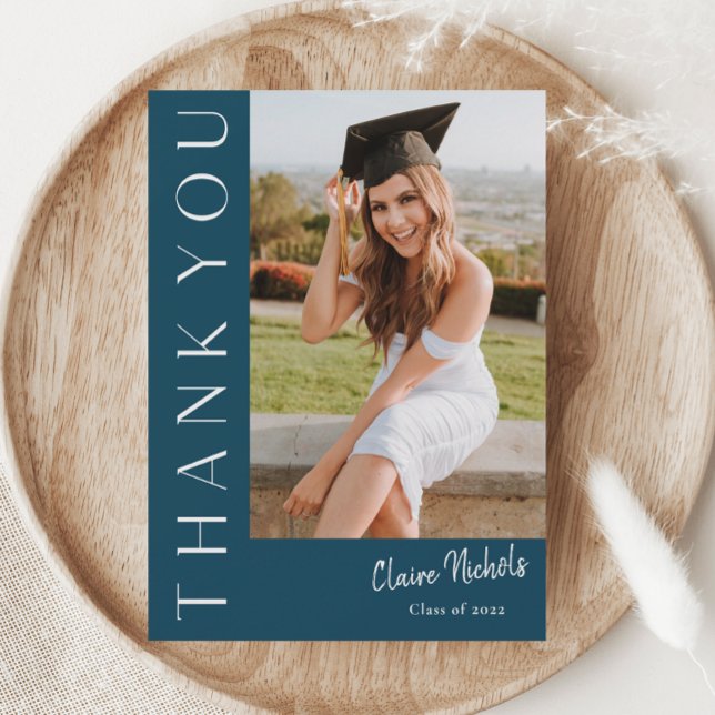 Modern Vertical Photo Graduation Thank You Card (Modern Typography Blue Photo Graduation Thank You Cards.)
