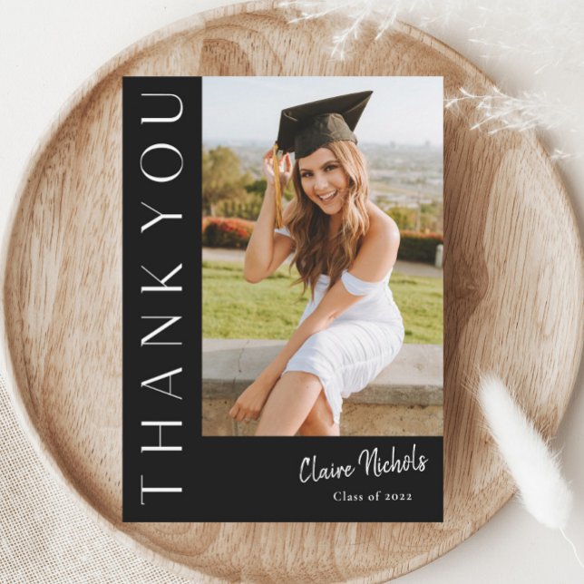 Modern Vertical Photo Graduation Thank You Card (Modern typography black and white photo graduation thank you card.)
