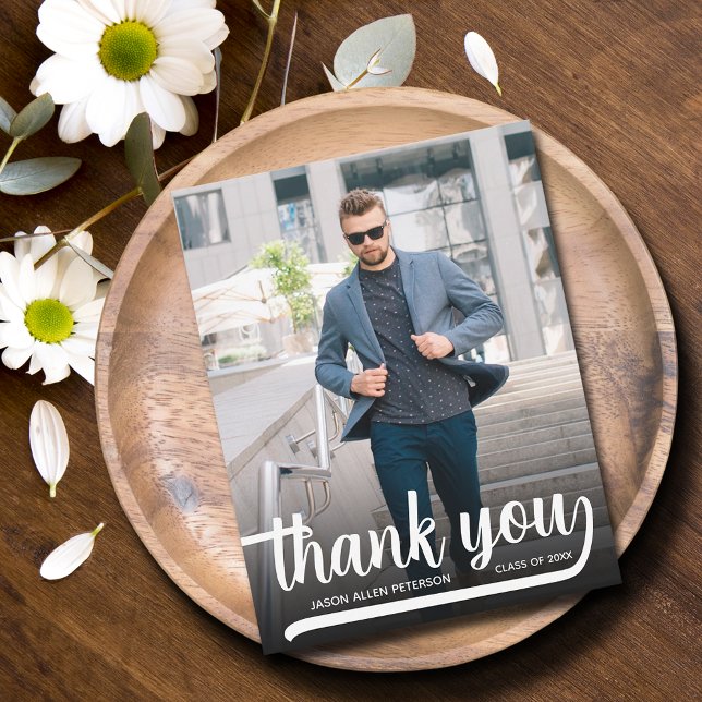 Modern Vertical Photo Graduation Thank You Note Card (Modern photo graduation thank you flat note cards have room for your message on the back)