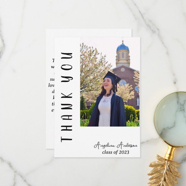 Modern Vertical Script Simple Photo Graduation  Thank You Card (Front/Back In Situ)
