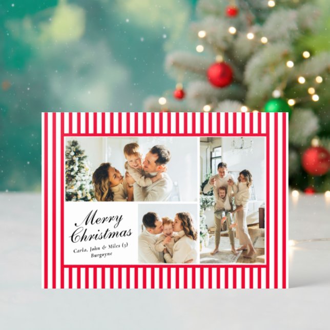 Modern Vertical Stripes 3 Photo Christmas Holiday Letterpress Photo Cards (Front (Into))