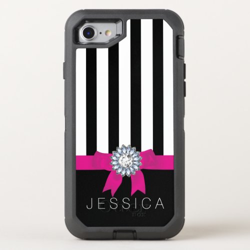 Modern Vertical White  Black Stripes Pink Ribbon OtterBox Defender iPhone SE87 Case