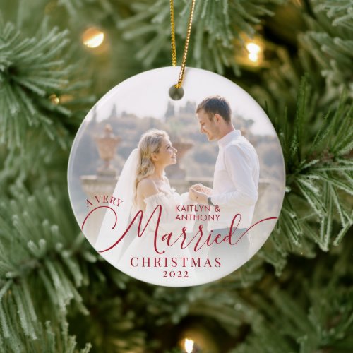 Modern Very Married Christmas 2 Photo Red Ceramic Ornament