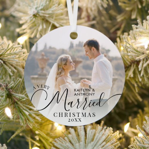 Modern Very Married Christmas Script 2 Photos Metal Ornament