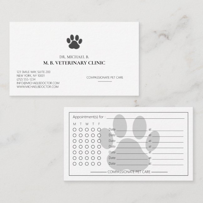 Modern Veterinarian Veterinary Clinic Paw Logo Appointment Card