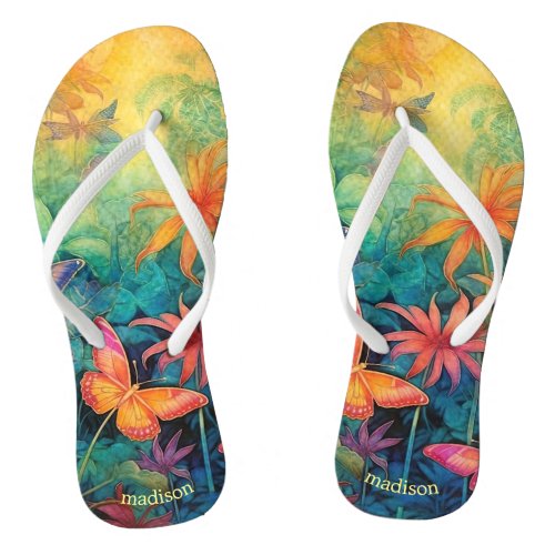 Modern Vibrant Batik Watercolor Floral Flip Flops