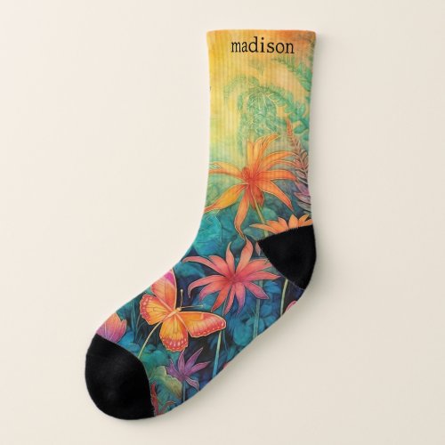 Modern Vibrant Batik Watercolor Floral Socks