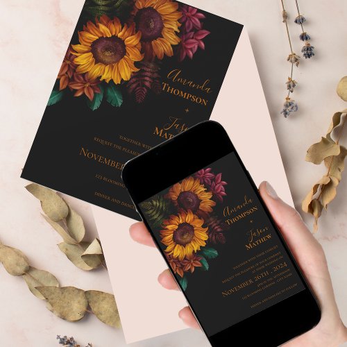  Modern Vibrant Black Burnt Orange Floral Wedding Invitation