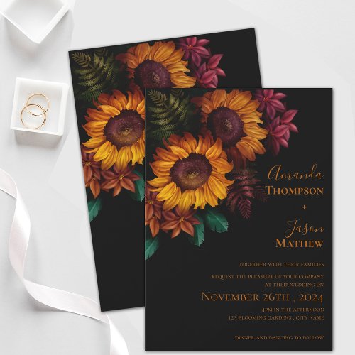  Modern Vibrant Black Burnt Orange Floral Wedding Magnetic Invitation