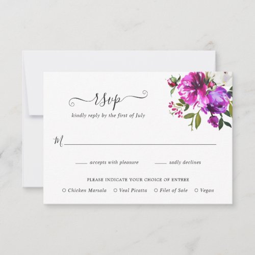 Modern Vibrant Bright Purple Floral Meal Wedding RSVP Card