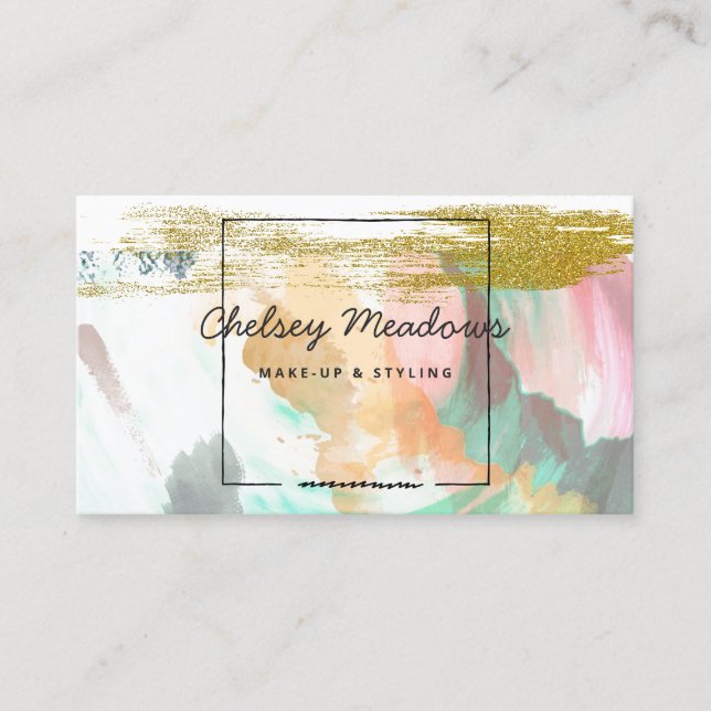Modern Vibrant Brush Strokes & Gold Glitter Business Card (Front)