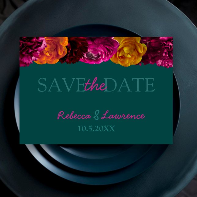 Modern vibrant hot pink green floral wedding  save the date (Creator Uploaded)