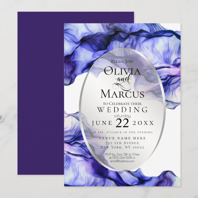 Modern Vibrant Navy Plum Abstract Ink Invitation (Front/Back)