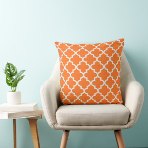 Modern Vibrant Orange and White Quatrefoil Pattern Throw Pillow