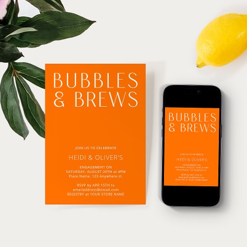 Modern Vibrant Orange Bubbles  Brews Engagement Invitation