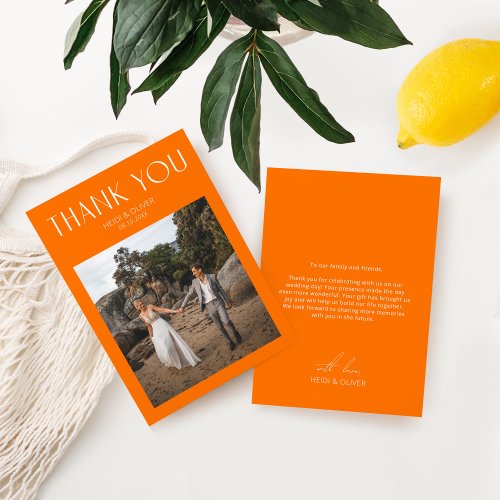 Modern Vibrant Orange Photo Wedding Thank You Card