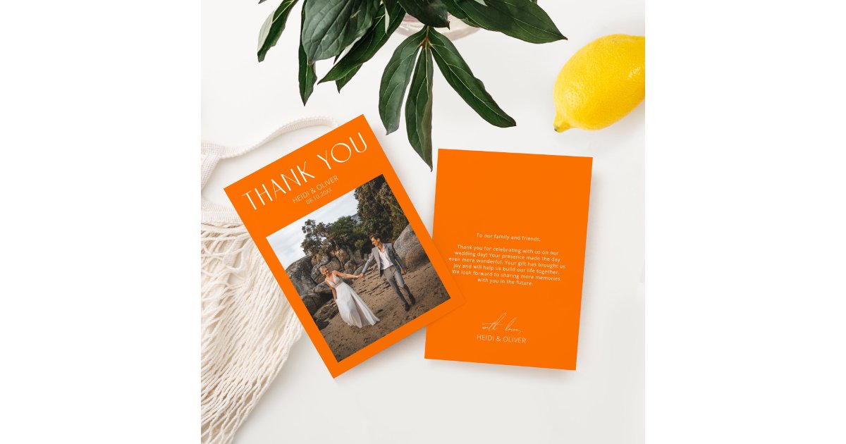 Modern Vibrant Orange Photo Wedding Thank You Card | Zazzle