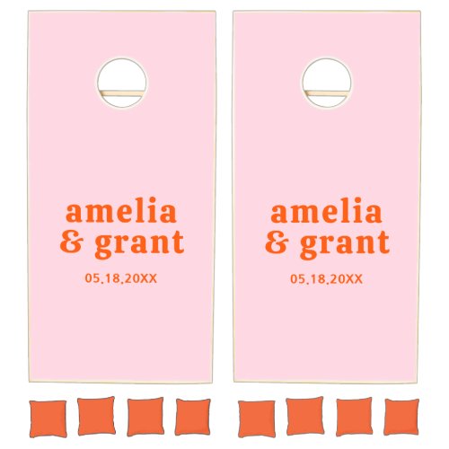 Modern Vibrant Orange Pink Groovy Retro Wedding Cornhole Set