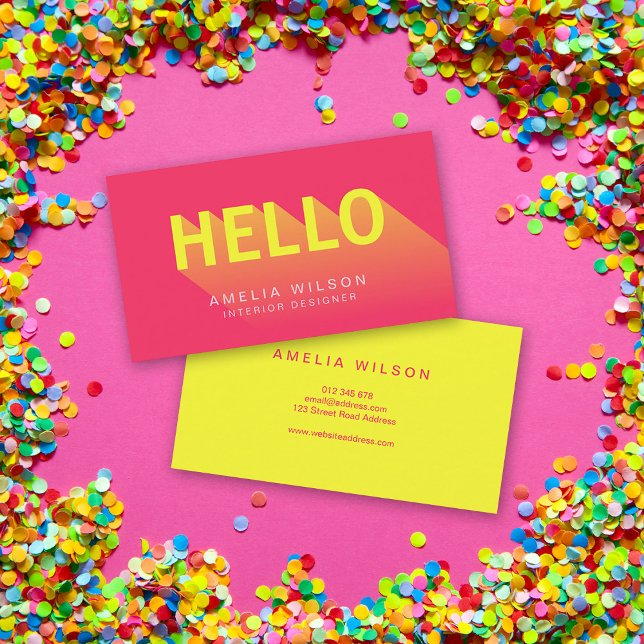 Modern Vibrant Pink and Yellow Hello Typography Business Card (Creator Uploaded)