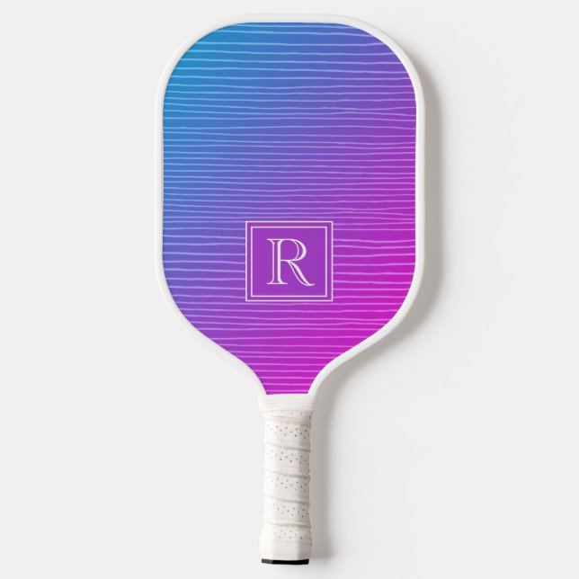 Modern Vibrant Pink Blue Gradient Monogram Pickleball Paddle (Back)
