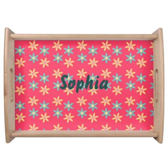 Modern Vibrant Pink Floral Pattern Personalized Serving Tray (Front)