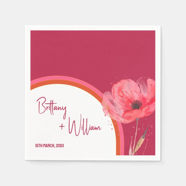 Modern Vibrant Pink Floral Summer Wedding  Napkins (Front)