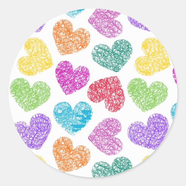 Modern Vibrant Rainbow Doodle Hearts Cute Pattern Classic Round Sticker (Front)