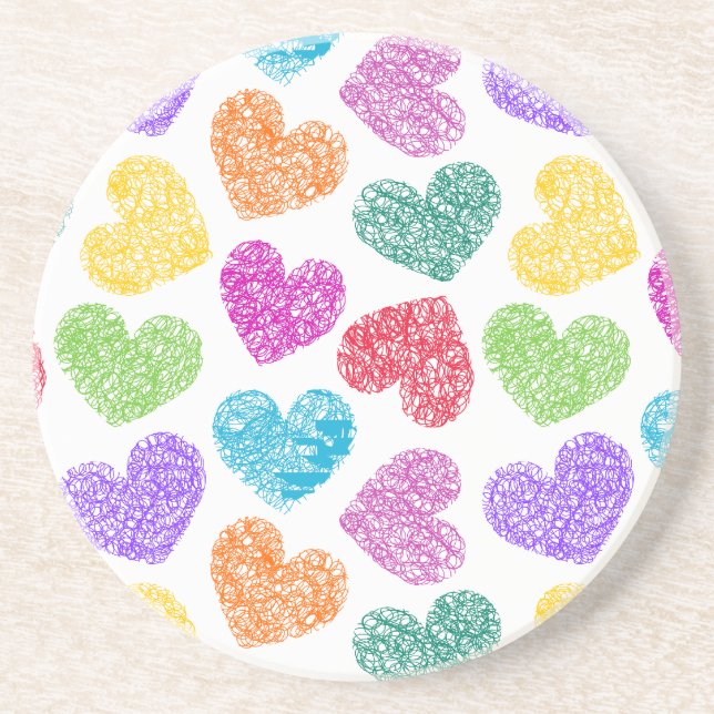 Modern Vibrant Rainbow Doodle Hearts Cute Pattern Coaster (Front)