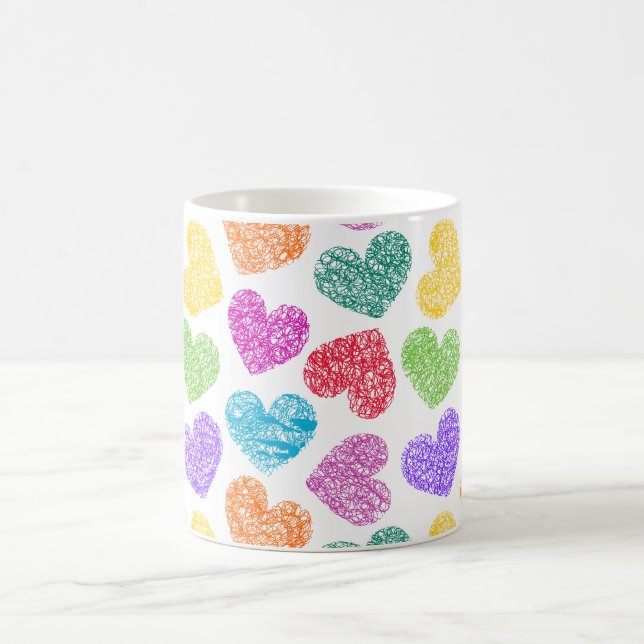 Modern Vibrant Rainbow Doodle Hearts Cute Pattern Coffee Mug (Center)