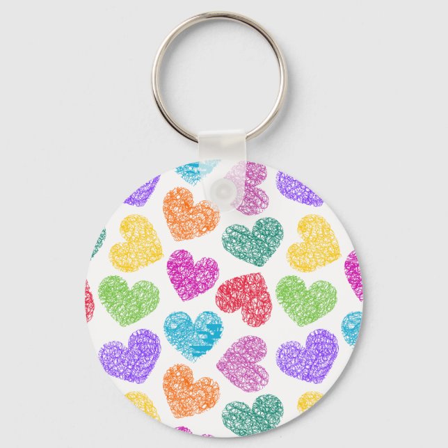 Modern Vibrant Rainbow Doodle Hearts Cute Pattern Keychain (Front)