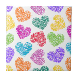 Modern Vibrant Rainbow Doodle Hearts Cute Pattern Tile