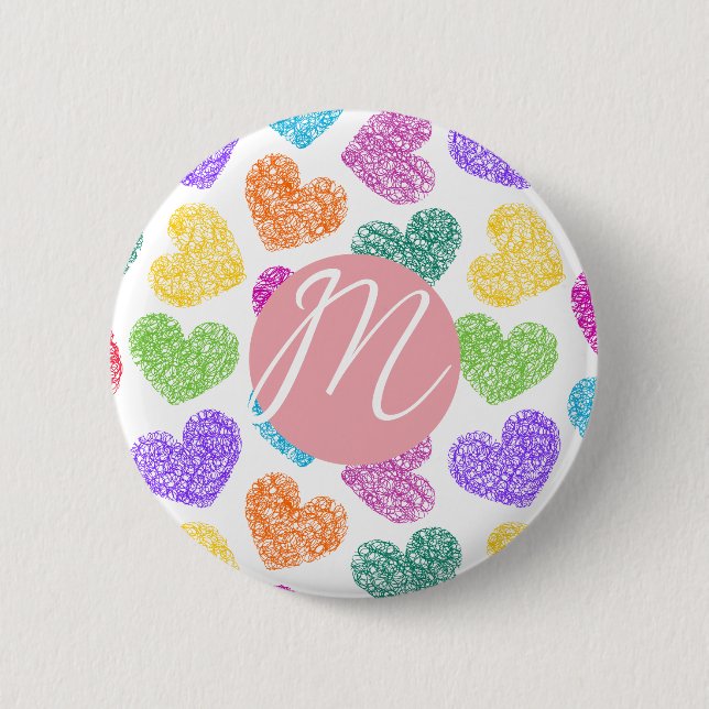 Modern Vibrant Rainbow Doodle Hearts Monogrammed Button (Front)