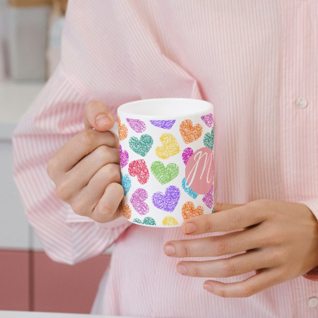 Modern Vibrant Rainbow Doodle Hearts Monogrammed Coffee Mug (Creator Uploaded)