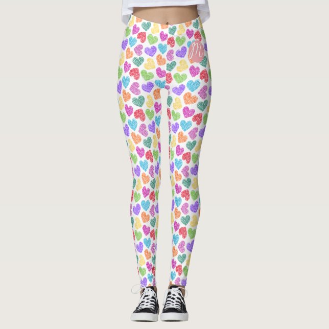 Modern Vibrant Rainbow Doodle Hearts Monogrammed Leggings (Front)