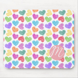 Modern Vibrant Rainbow Doodle Hearts Monogrammed Mouse Pad
