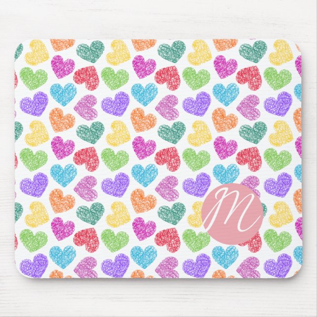 Modern Vibrant Rainbow Doodle Hearts Monogrammed Mouse Pad (Front)