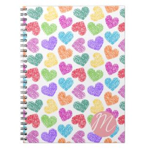 Modern Vibrant Rainbow Doodle Hearts Monogrammed Notebook