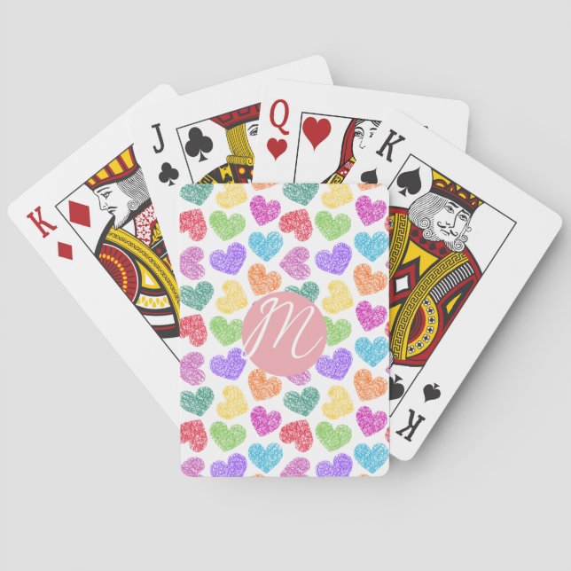 Modern Vibrant Rainbow Doodle Hearts Monogrammed Poker Cards (Back)