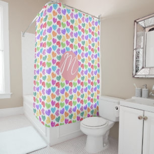 Modern Vibrant Rainbow Doodle Hearts Monogrammed Shower Curtain