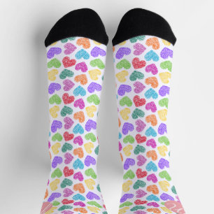 Modern Vibrant Rainbow Doodle Hearts Monogrammed Socks