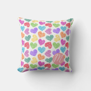 Modern Vibrant Rainbow Doodle Hearts Monogrammed Throw Pillow