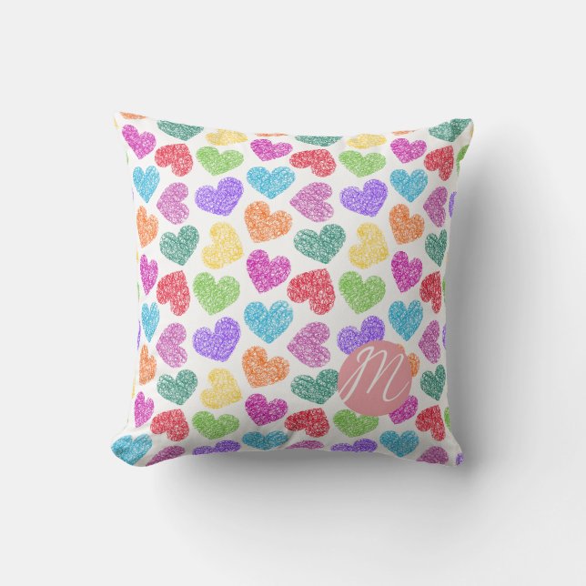 Modern Vibrant Rainbow Doodle Hearts Monogrammed Throw Pillow (Front)
