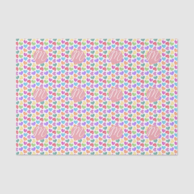 Modern Vibrant Rainbow Doodle Hearts Monogrammed Tissue Paper (Front)