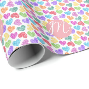Modern Vibrant Rainbow Doodle Hearts Monogrammed Wrapping Paper