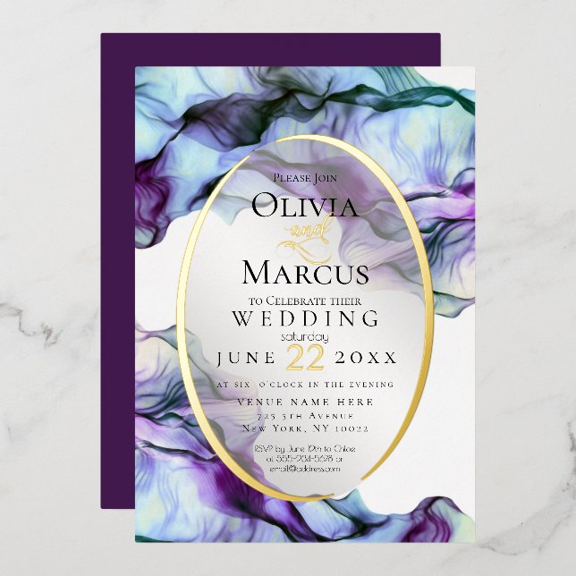 Modern Vibrant Teal Plum Abstract Ink Foil Invitation (Front/Back)