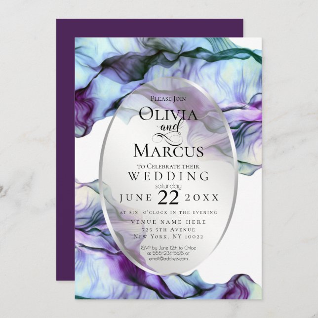 Modern Vibrant Teal Plum Abstract Ink Invitation (Front/Back)