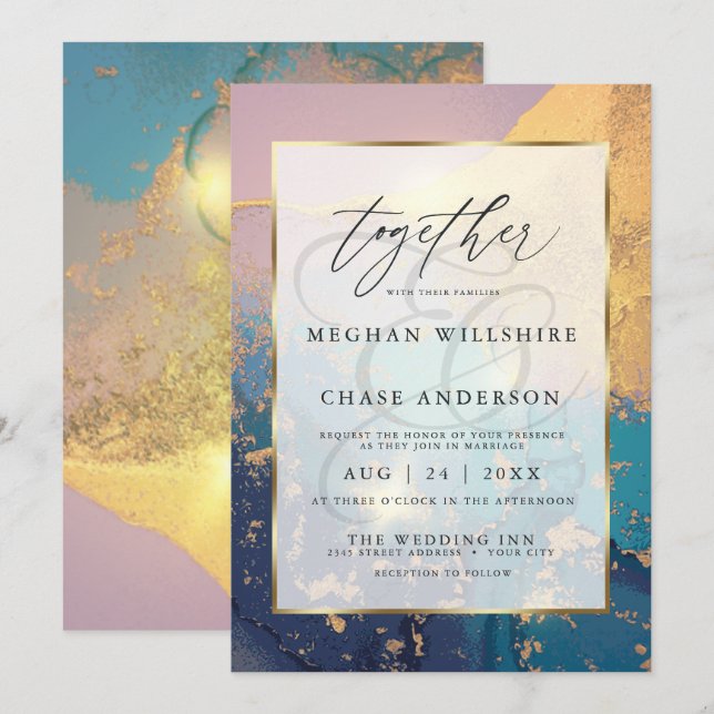 Modern Vibrant Watercolor Gold Mauve Blue Invitation (Front/Back)