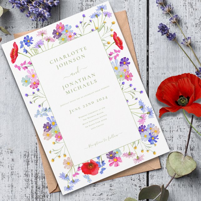 Modern Vibrant Wildflower Watercolor Wedding Invitation (Modern Colorful wildflower sage green typography wedding invitation boho chic watercolor floral)