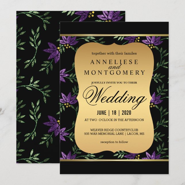 Modern Victorian Purple Glitter Floral Wedding Invitation (Front/Back)