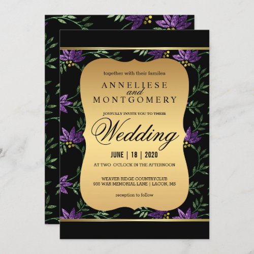 Modern Victorian Purple Glitter Floral Wedding Invitation